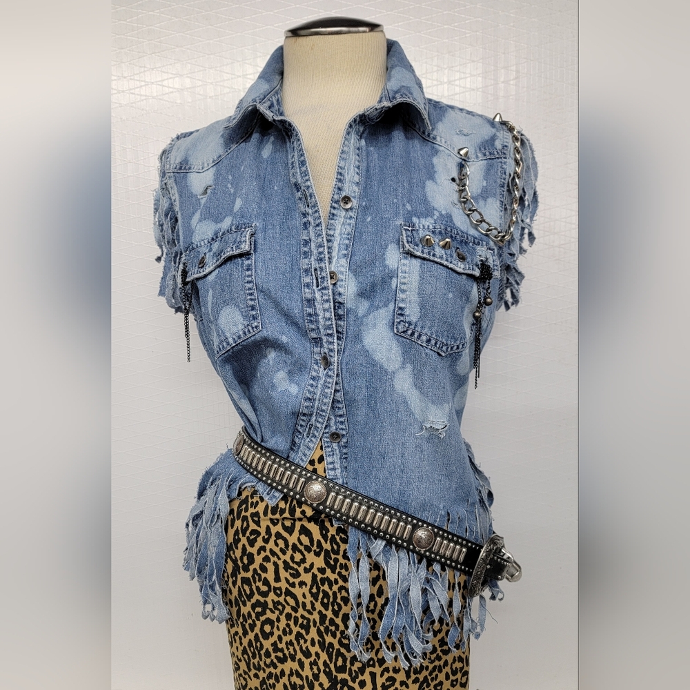 Motley Crue Fringed Denim Jean Shirt Vest  Upcycled Rock Couture - Picture 5 of 12